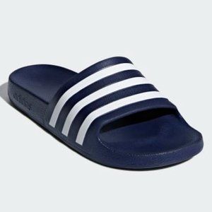 ADIDAS ADILETTE AQUA SLIDES womens navy blue white stripes